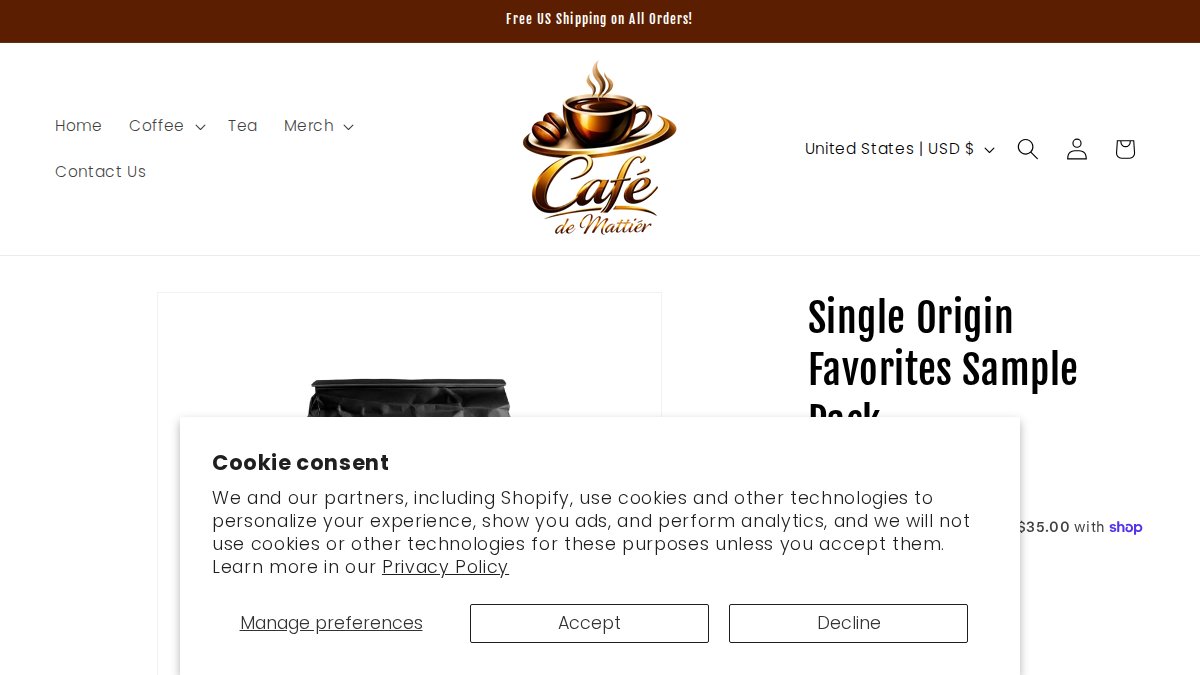 Screenshot of Single Origin Favorites Sample Pack page on cafedemattier.com