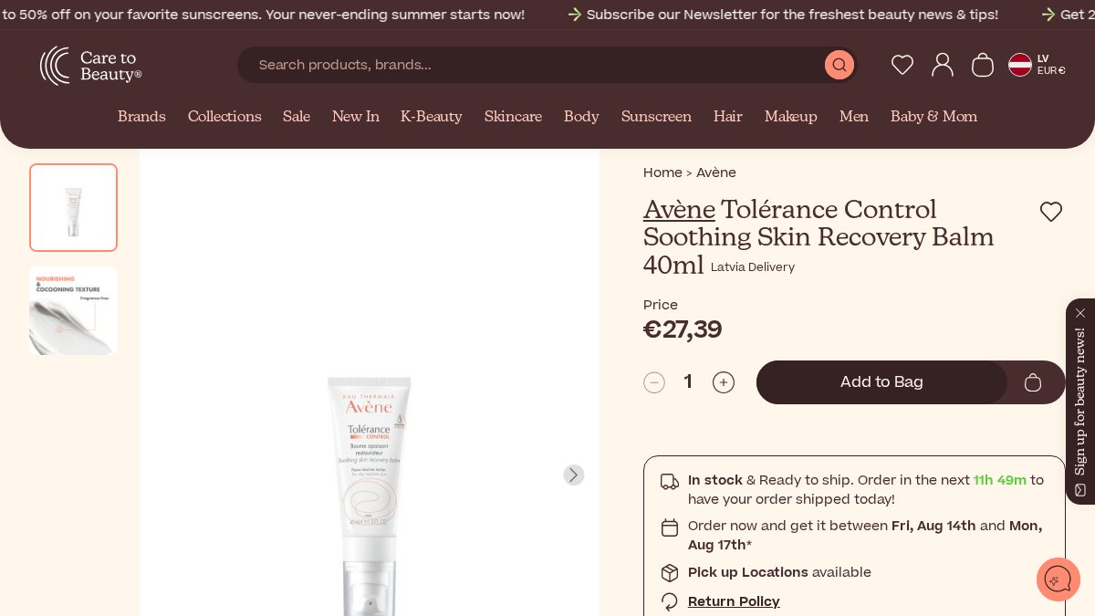 Screenshot of Avene Tolerance Control Soothing Skin Recovery Balm 40ml page on caretobeauty.com