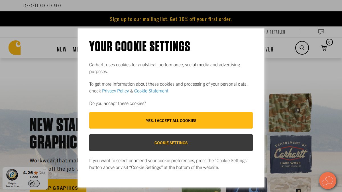 Screenshot of carhartt.com interface