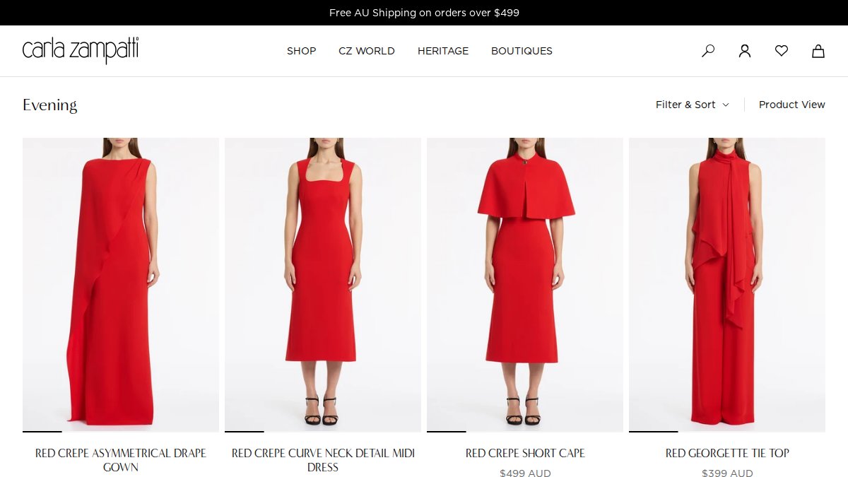 Screenshot of Evening Wear page on carlazampatti.com.au