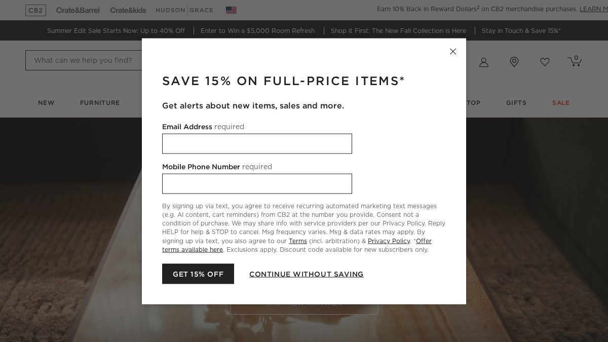 Screenshot of cb2.com interface