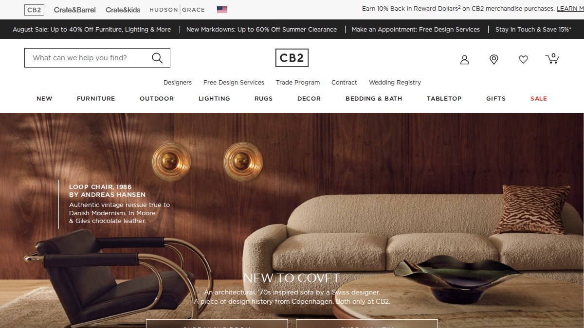 Screenshot of cb2.com interface