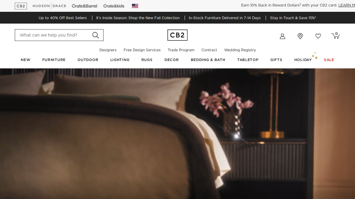 Screenshot of cb2.com interface