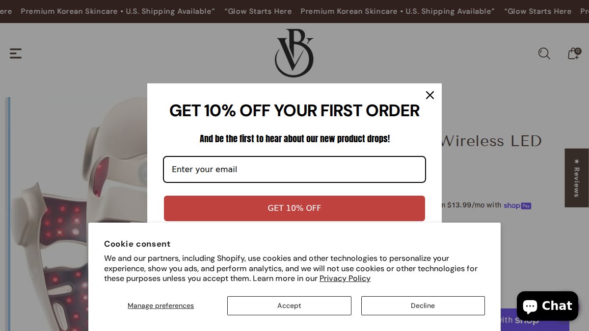 Screenshot der Seite „Wireless Led Light Therapy Face Mask Skin Rejuv“ auf cbu13r-hj.myshopify.com