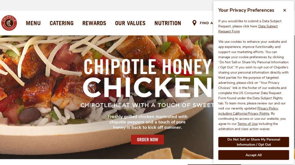 Screenshot of chipotle.com interface