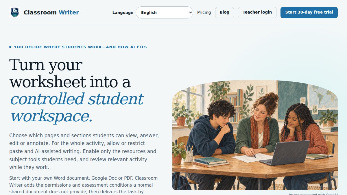 Screenshot of classroomwriter.com interface