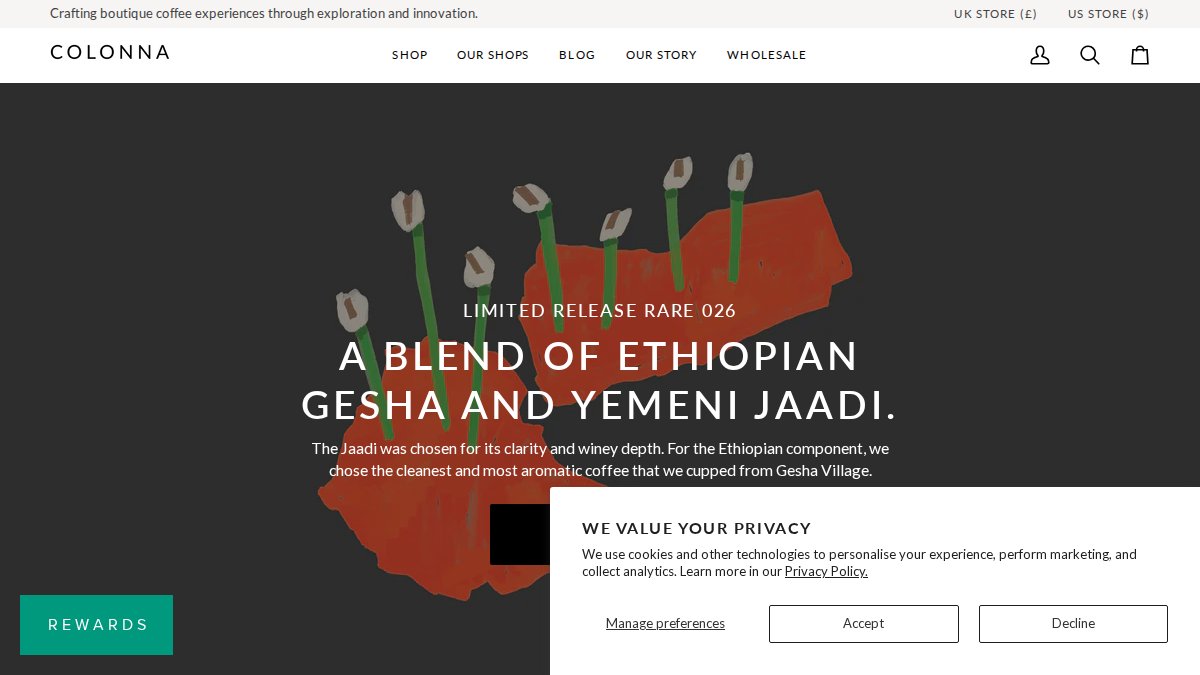 Screenshot of colonnacoffee.com interface