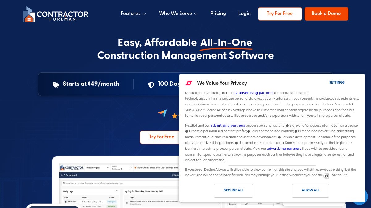 Screenshot of contractorforeman.com interface