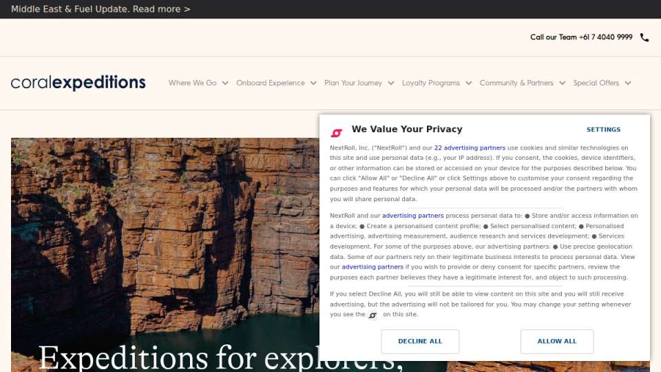Screenshot of coralexpeditions.com interface