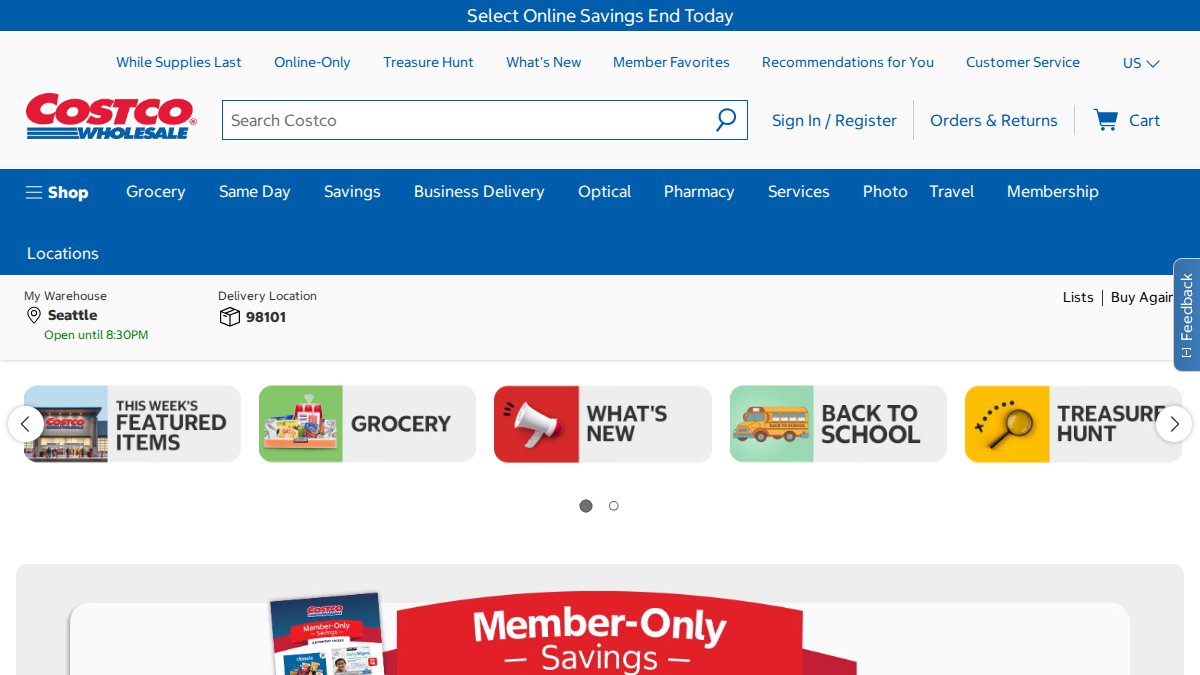 Screenshot of costco.com interface