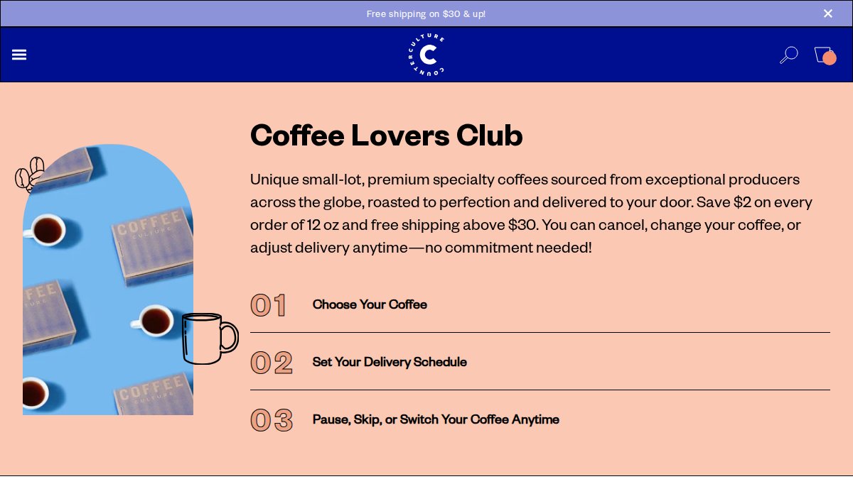 Screenshot of Subscriptions page on counterculturecoffee.com