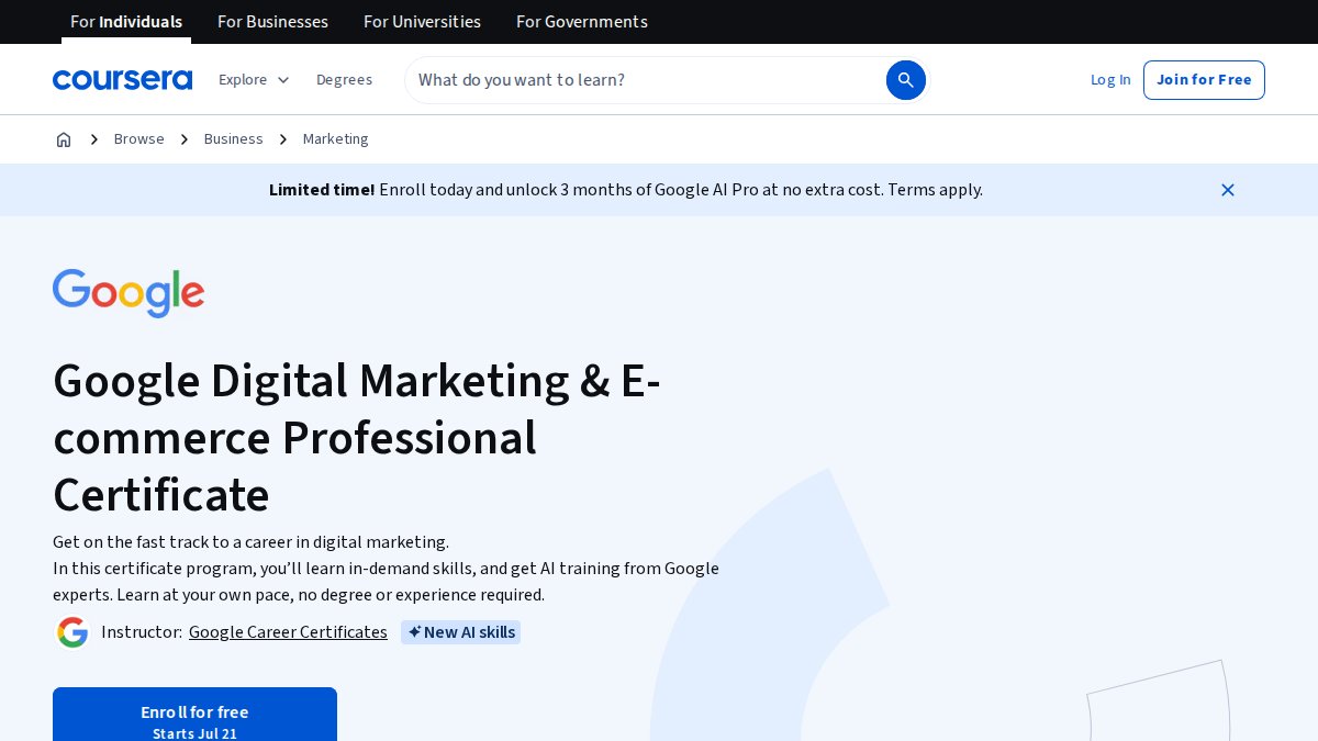 Screenshot of Google Digital Marketing Ecommerce page on coursera.org