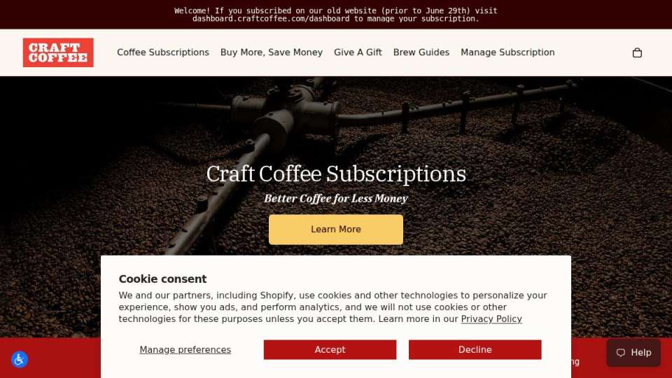Screenshot of craftcoffee.com interface