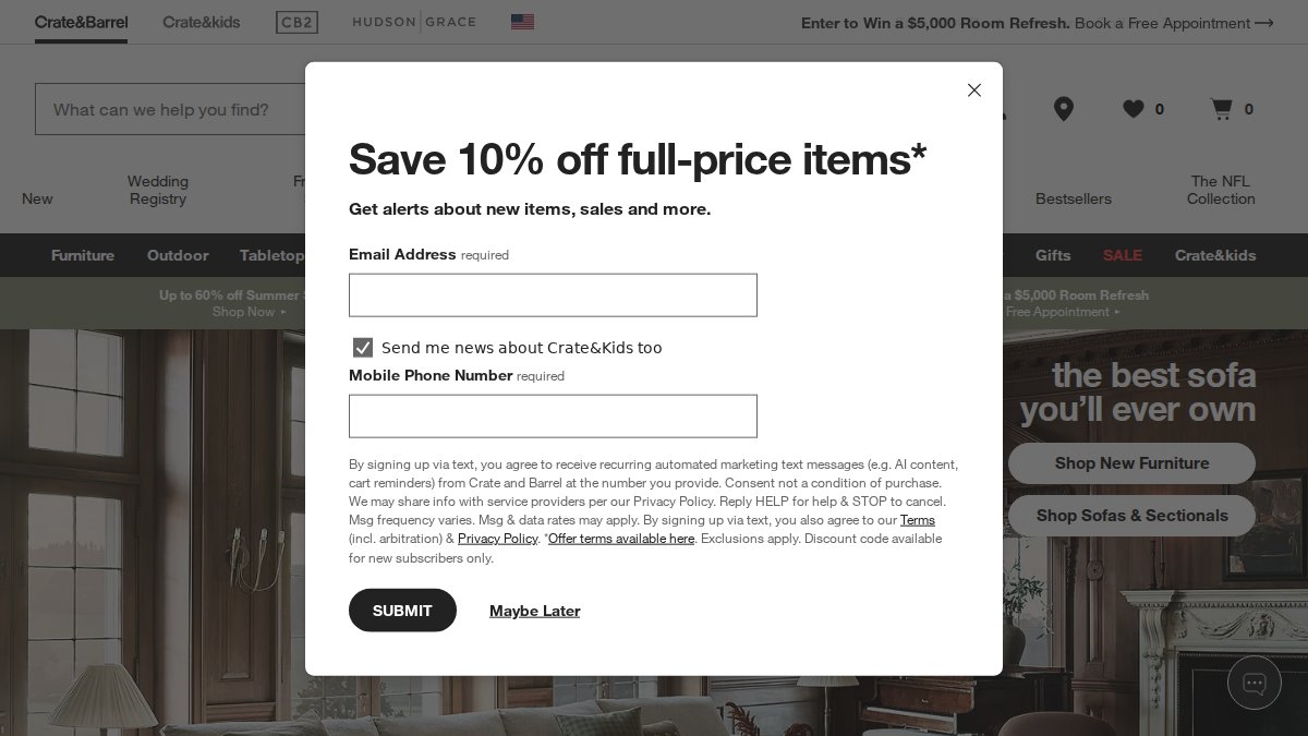 Screenshot of crateandbarrel.com interface