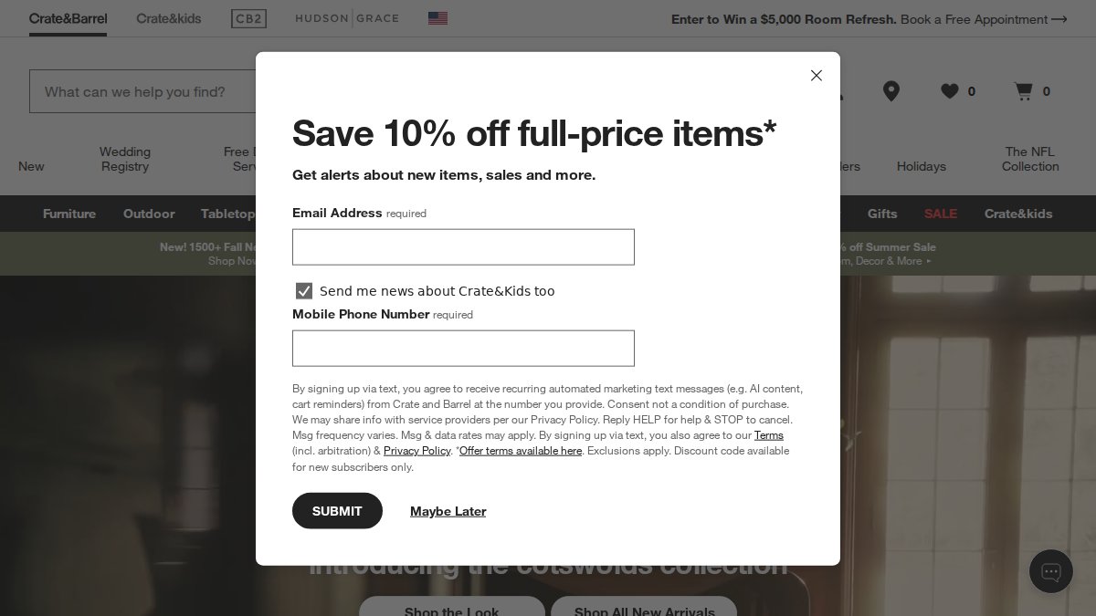 Screenshot of crateandbarrel.com interface
