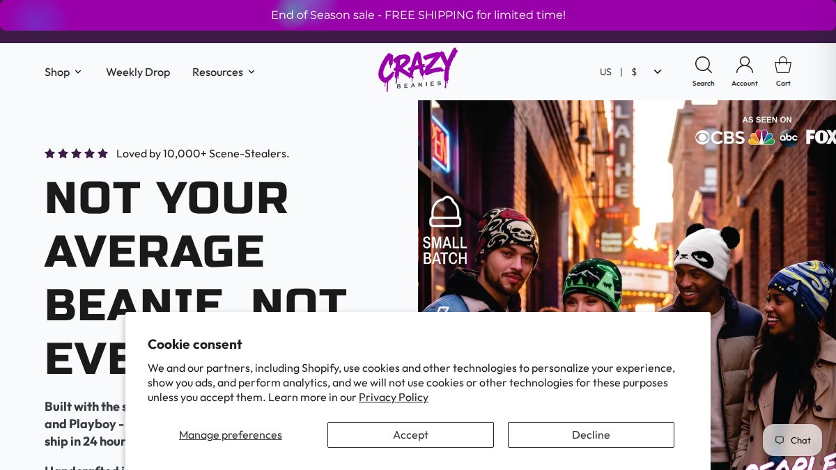 Screenshot of crazybeanies.com interface