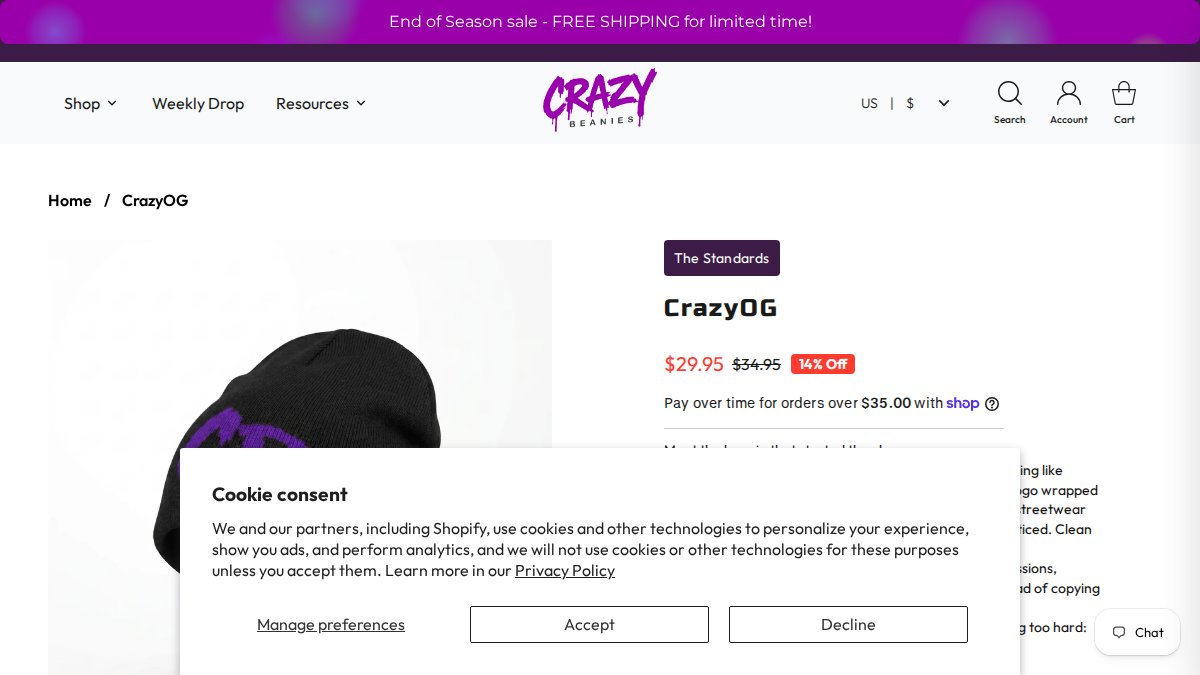 Screenshot of Crazyog page on crazybeanies.com