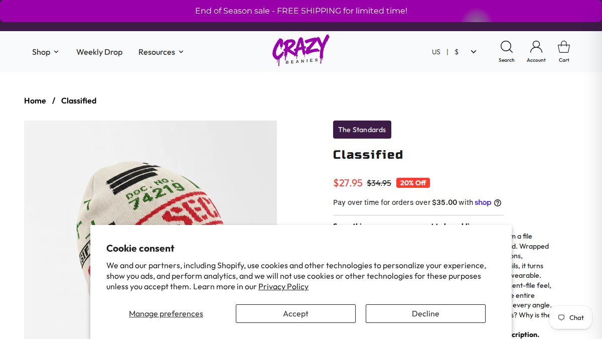 Screenshot of Classified page on crazybeanies.com