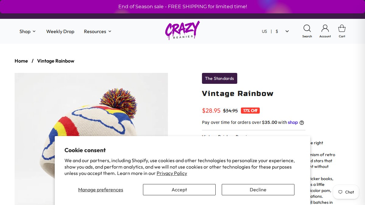 Screenshot of Vintage Rainbow page on crazybeanies.com