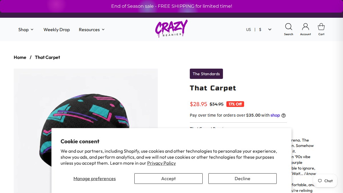 Screenshot of That Carpet page on crazybeanies.com