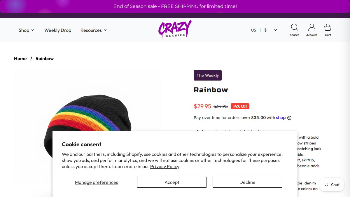 Screenshot of Rainbow page on crazybeanies.com