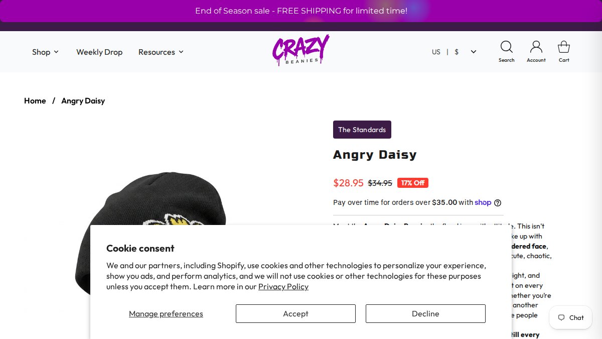 Screenshot of Angry Daisy page on crazybeanies.com