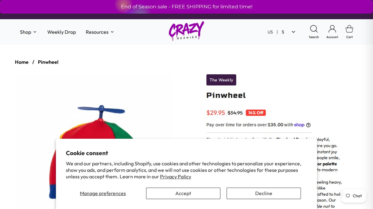 Screenshot of Pinwheel page on crazybeanies.com