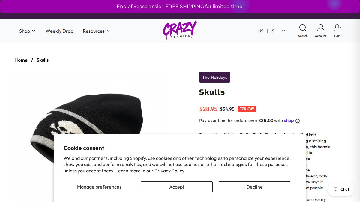 Screenshot of Skulls page on crazybeanies.com