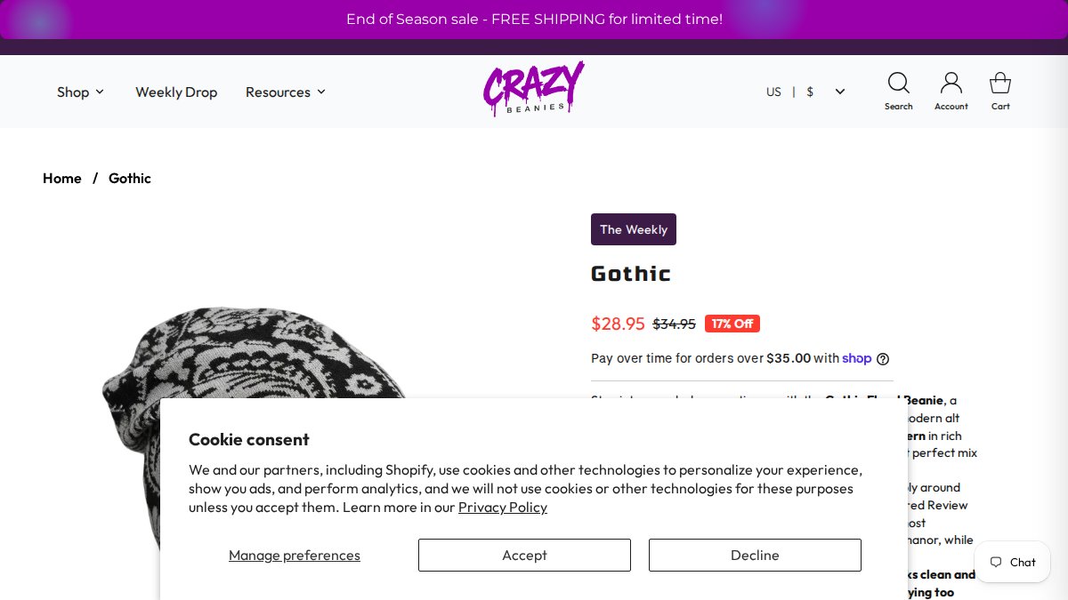 Screenshot of Gothic page on crazybeanies.com