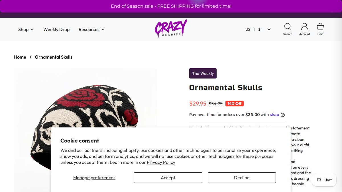 Screenshot of Ornamental Skulls page on crazybeanies.com