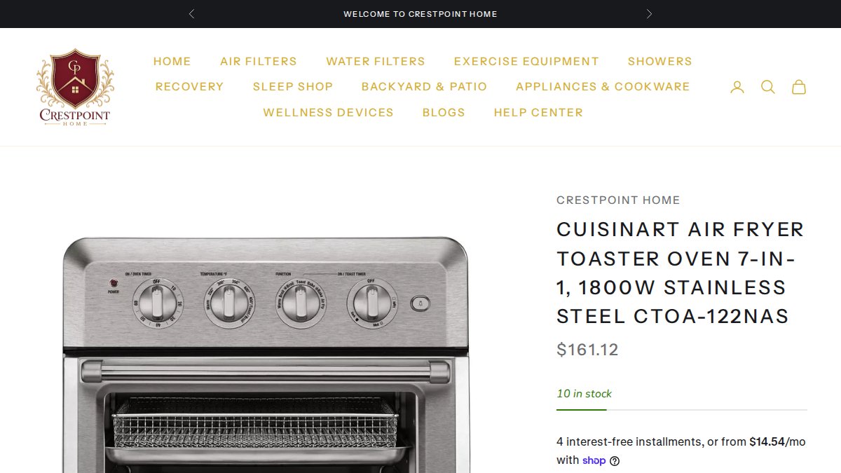 Screenshot of Cuisinart Air Fryer Toaster Oven 7 In 1 1800w Stainless Steel Ctoa 122nas page on crestpointhome.com