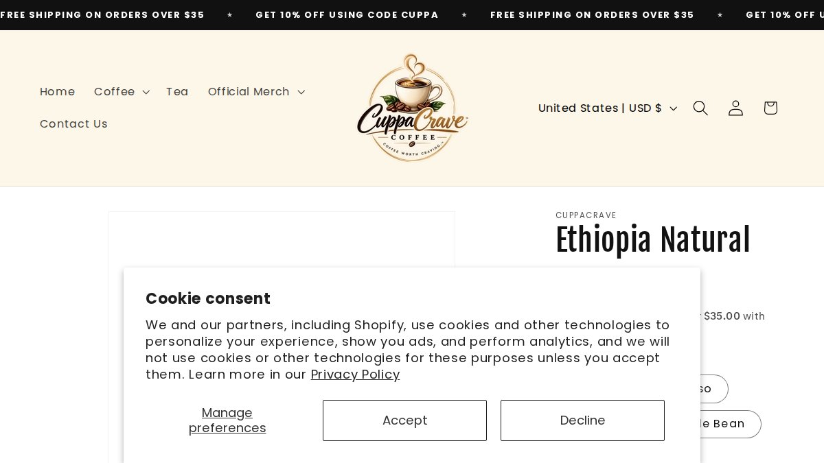 Screenshot of Ethiopia Natural page on cuppacrave.com