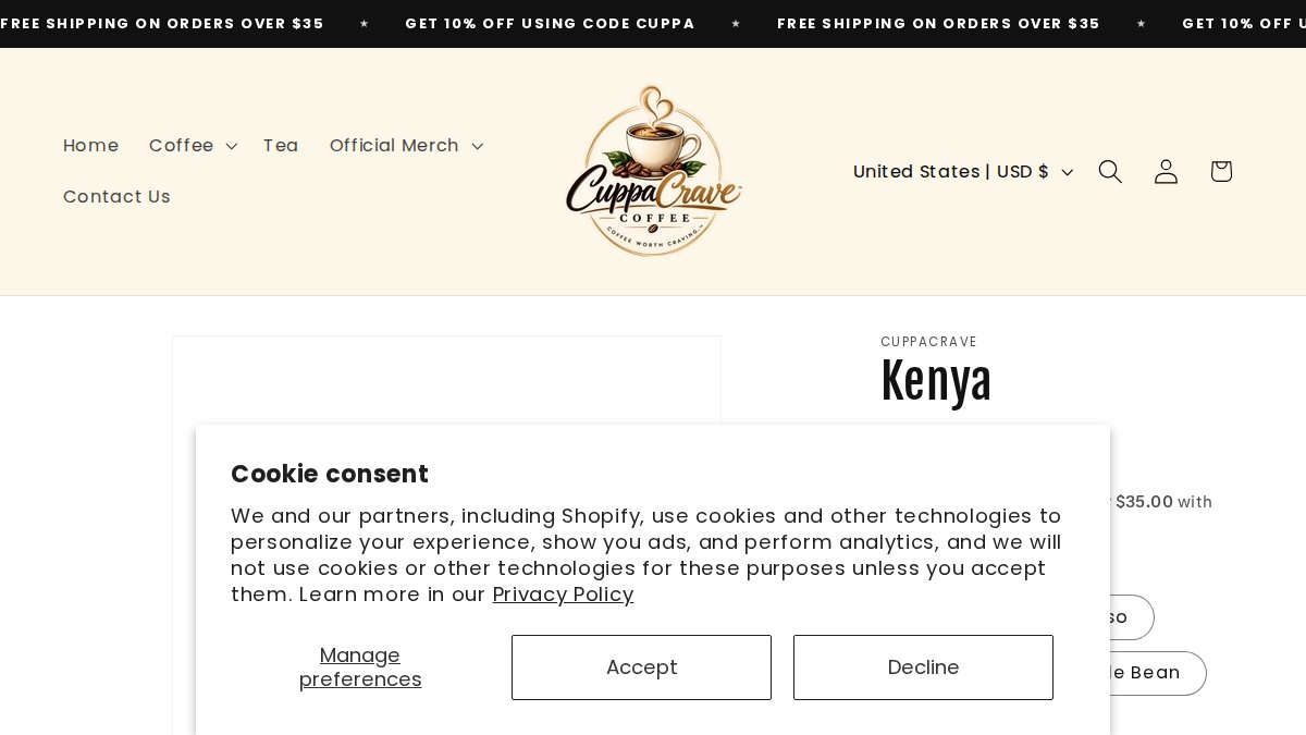 Screenshot of Kenya page on cuppacrave.com