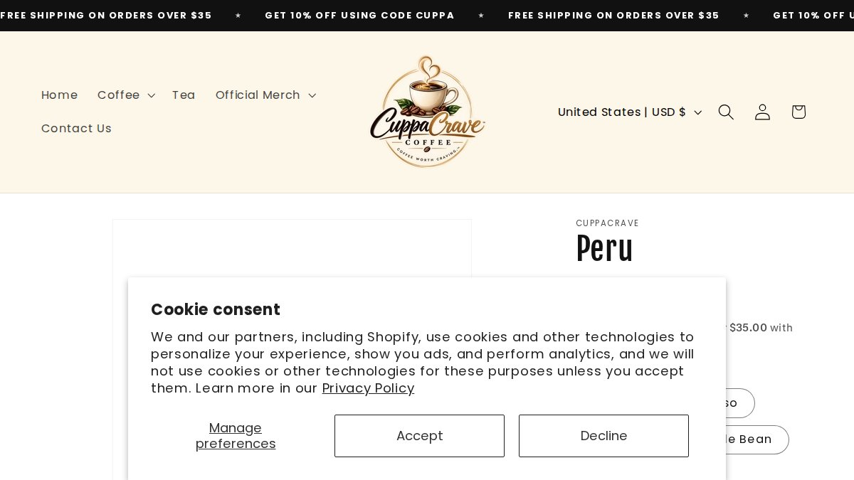 Screenshot of Peru page on cuppacrave.com