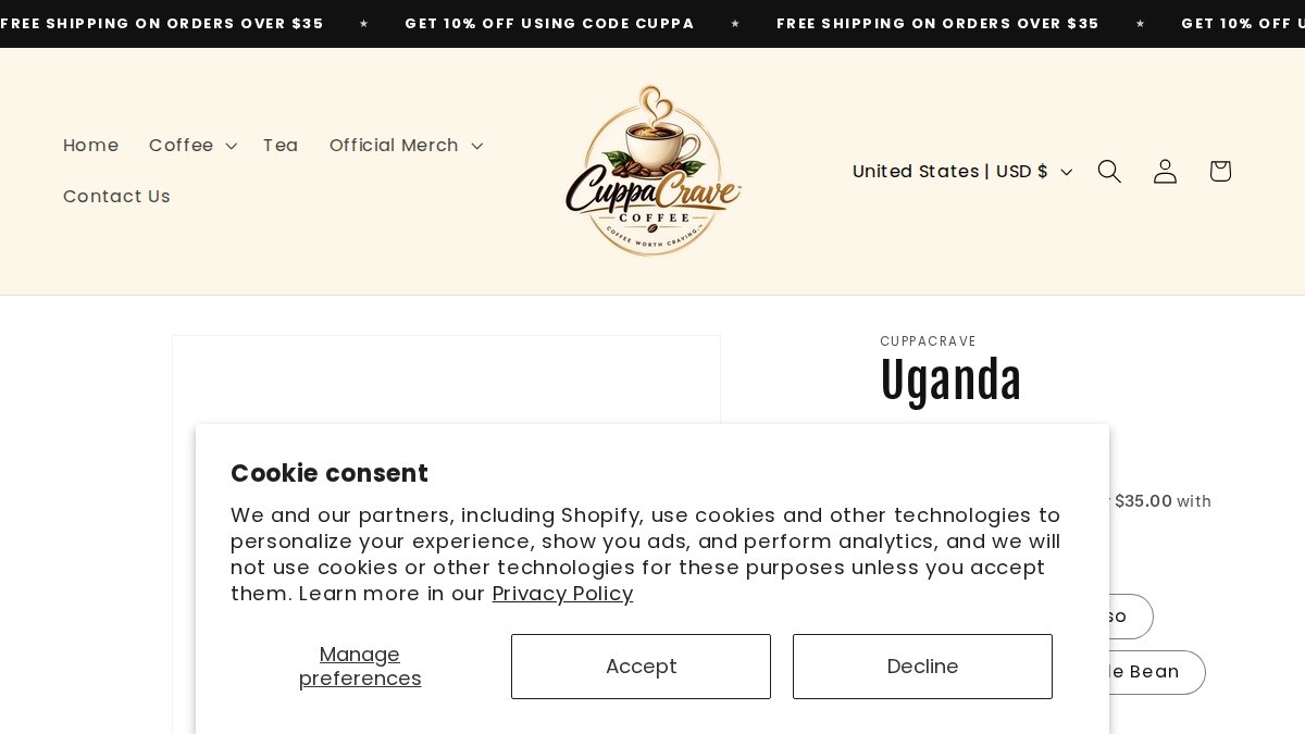 Screenshot of Uganda page on cuppacrave.com