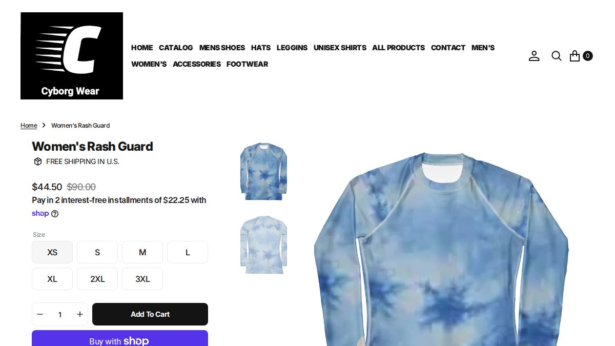Screenshot of Womens Rash Guard page on cyborg-apparel.com