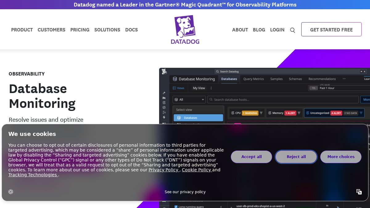 Screenshot of Database Monitoring page on datadoghq.com