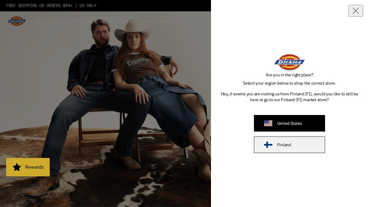 Screenshot of dickies.com interface
