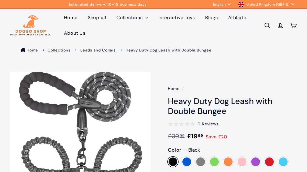 Screenshot of Heavy Duty Dog Leash With Double Bungee page on doggoshop.co