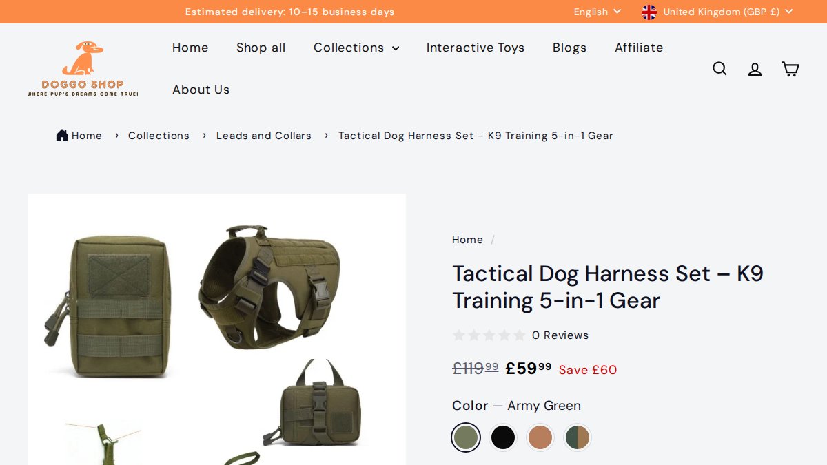 Screenshot of Tactical Dog Harness Leash Set K9 Training Vest page on doggoshop.co
