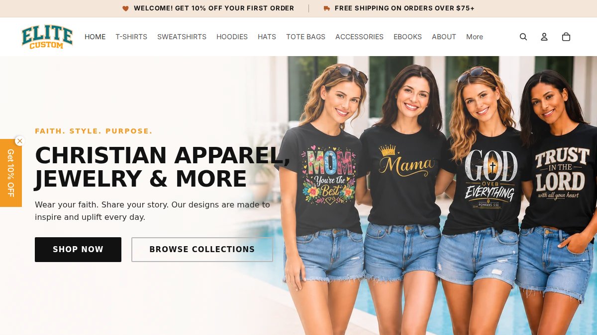 Screenshot of elitecustomtshirts.com interface