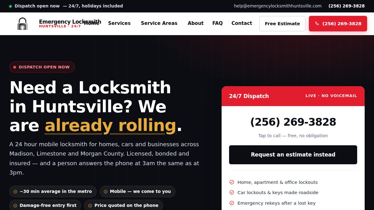 Screenshot of emergencylocksmithhuntsville.com interface
