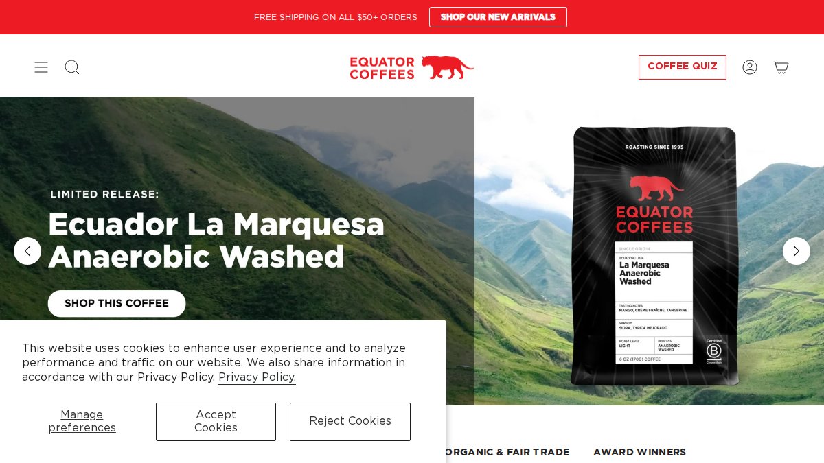 Screenshot of equatorcoffees.com interface