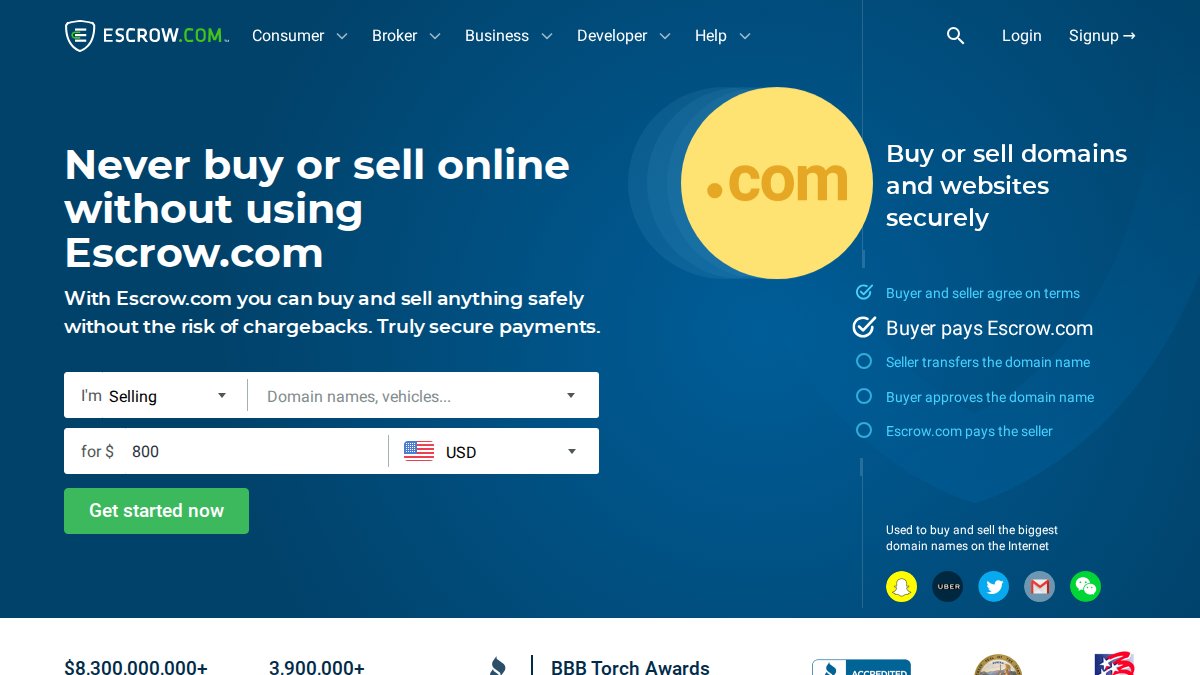 Screenshot of escrow.com interface