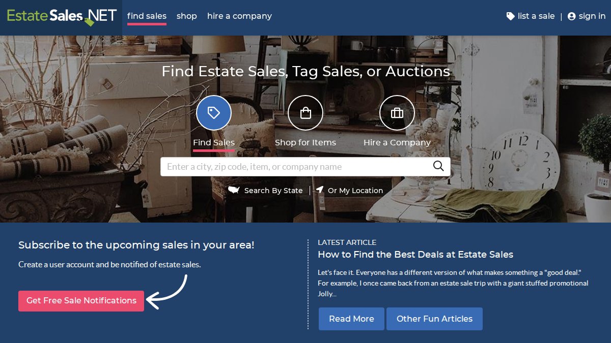 Screenshot of estatesales.net interface