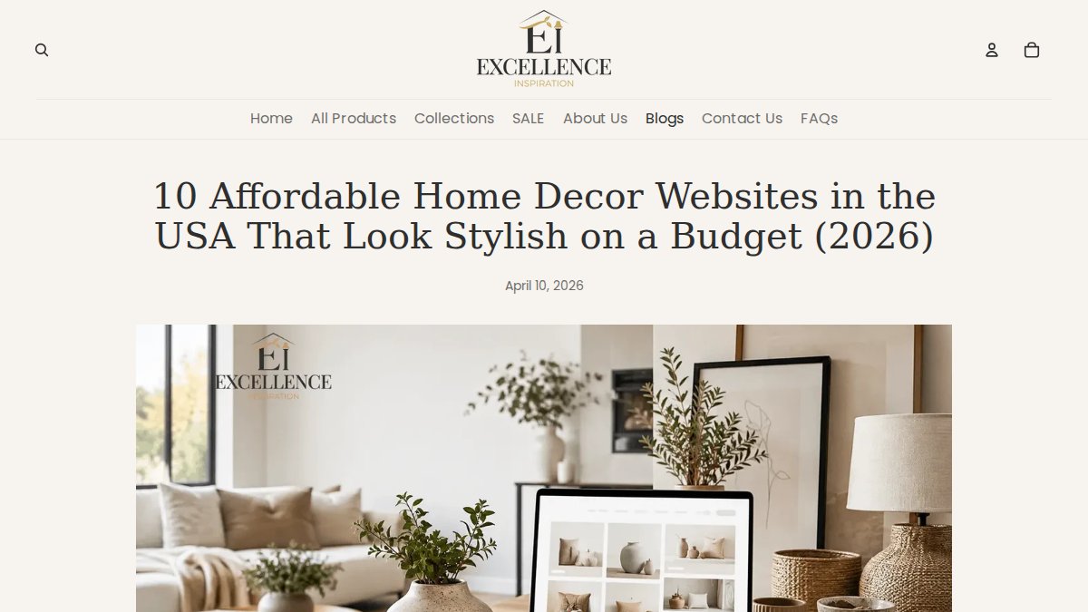 Screenshot of Affordable Home Decor Websites 2026 page on excellenceinspiration.com