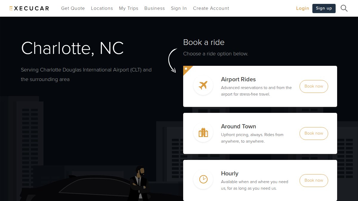 Screenshot of Charlotte Car Service page on execucar.com