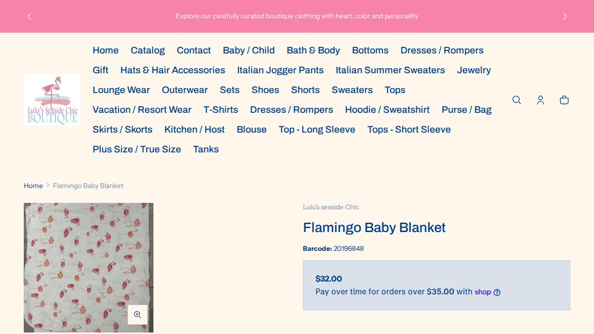 Screenshot of Flamingo Baby Blanket page on ezf210-e1.myshopify.com