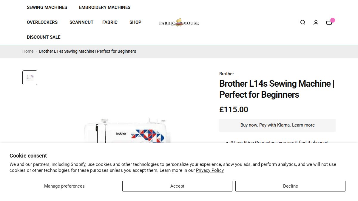 Screenshot of Brother L14s Sewing Machine page on fabricmouse.co.uk