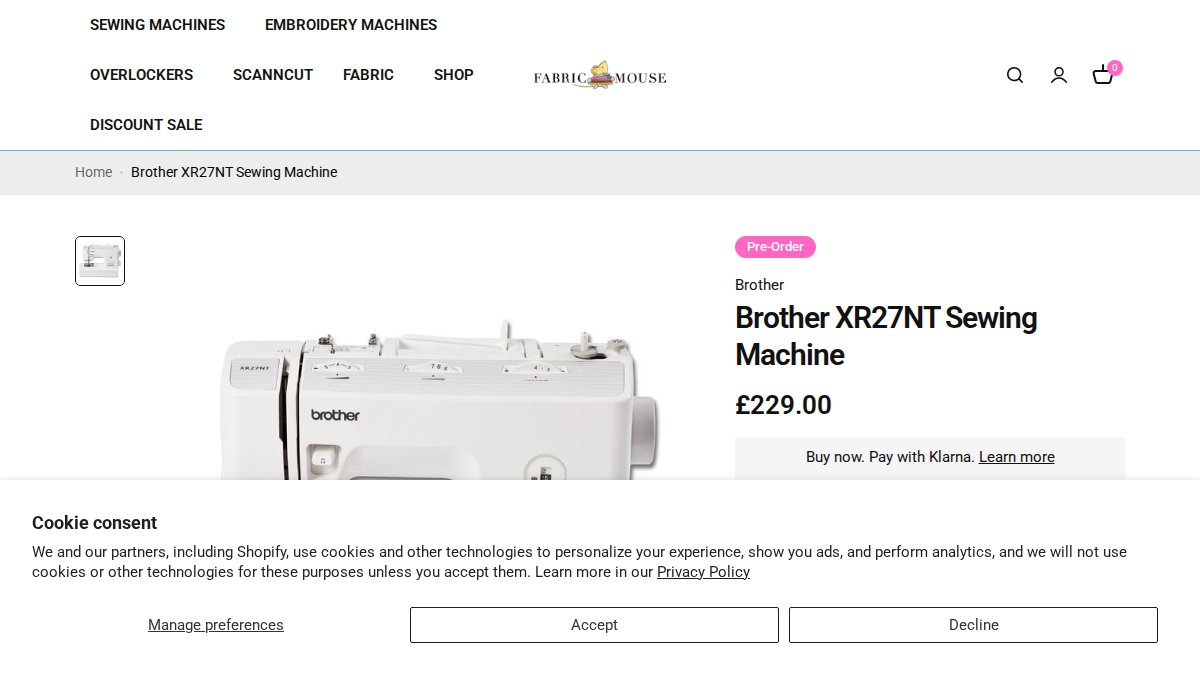 Screenshot of Brother Xr27nt Sewing Machine page on fabricmouse.co.uk